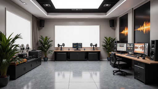 音乐论坛团队合影,专业音乐人围坐讨论,录音室环境,多屏显示音乐制作软件界面,团队协作氛围