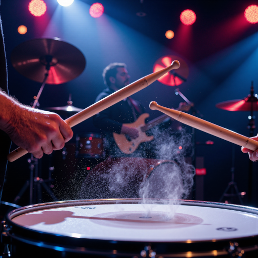 乐队合作讨论区封面,摇滚乐队演出场景,舞台聚光灯效果,多种乐器演奏者互动,现场表演氛围