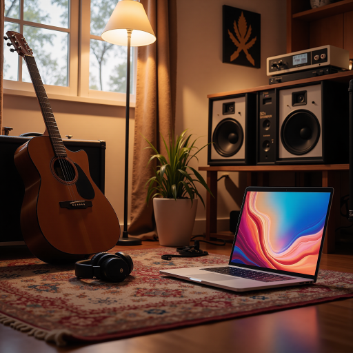 吉他教学讨论区封面,木色吉他平放桌面,温暖灯光照射,古典与电吉他并列摆放,音乐教室环境