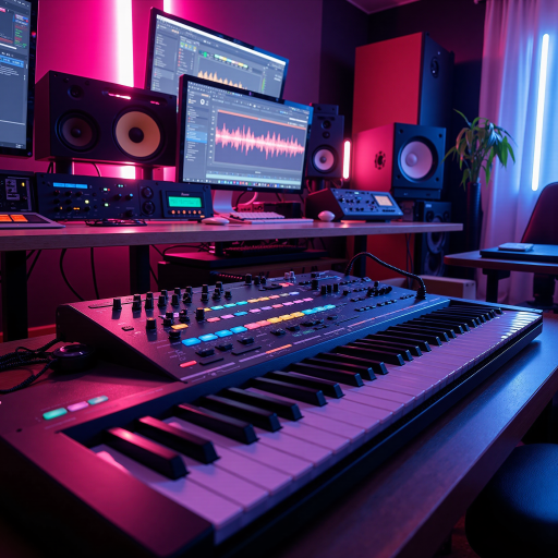 音乐制作讨论区封面,深蓝色背景,包含混音台、合成器键盘等电子音乐设备,现代工作室环境,明亮灯光效果
