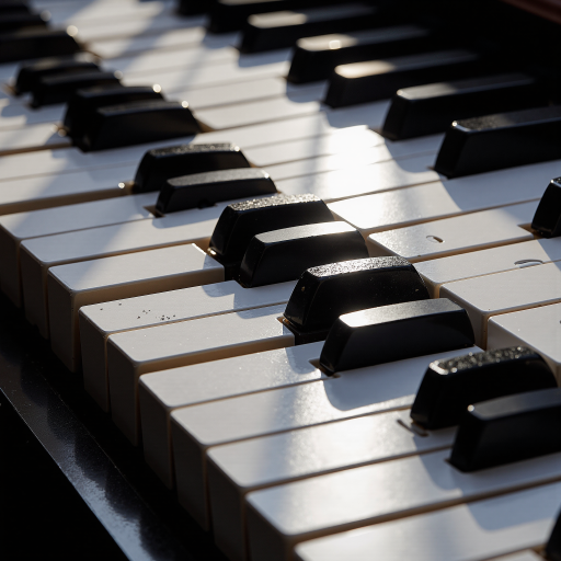 音乐理论讨论区封面,钢琴键盘黑白键对比,五线谱纸张展开,古典乐器排列,学术研究氛围