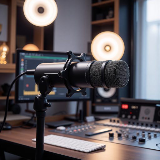 声乐训练讨论区封面,麦克风特写拍摄,舞台灯光效果,录音室环境,专业音频设备背景