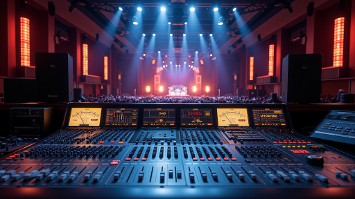 现场音响工程教程封面,大型演唱会音响设备阵列,调音台操作界面,舞台灯光效果,专业音响环境