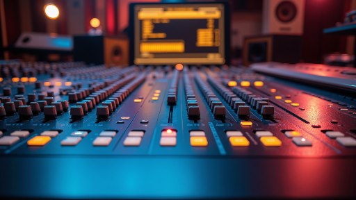 混音基础教程封面,专业音频控制台特写,各种旋钮推子排列整齐,录音室环境,专业灯光效果